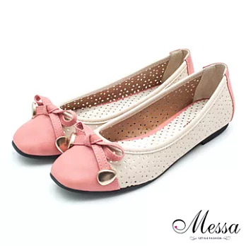 【Messa米莎】(MIT)雙色拼接鏤空內真皮平底包鞋-三色38粉紅色