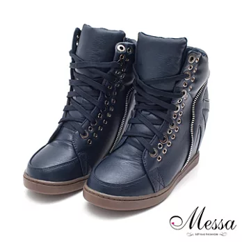 【Messa米莎】街頭風潮皮面內增高休閒鞋-藍色36藍色