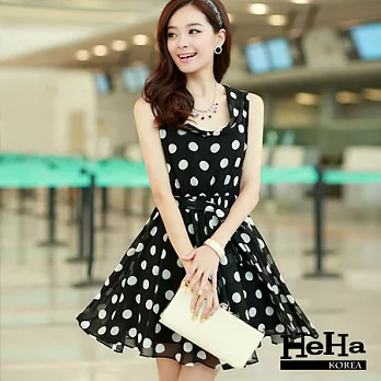 洋裝 雪紡波點無袖連身洋裝(附腰帶) 黑色-HeHa-M*