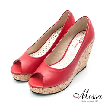 【Messa米莎】(MIT)百搭氣質純色內真皮魚口楔形鞋-三色36紅色