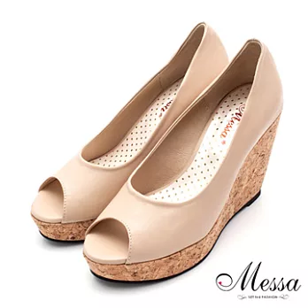 【Messa米莎】(MIT)百搭氣質純色內真皮魚口楔形鞋-三色35米色