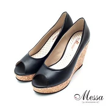 【Messa米莎】(MIT)百搭氣質純色內真皮魚口楔形鞋-三色38黑色