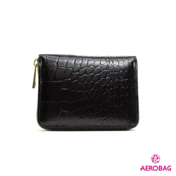 AEROBAG - 二折皮夾 鱷魚紋真皮拉鏈方短夾 - 黑黑