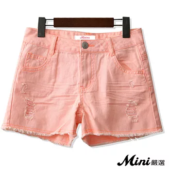 短褲 水洗螢光色毛邊仿舊刷破短褲 二色-Mini嚴選-FREE(螢光粉)
