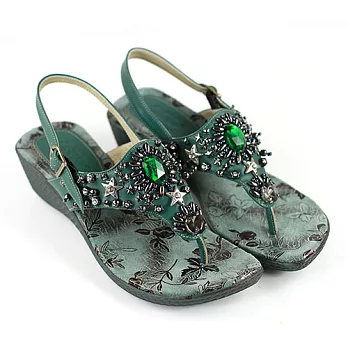 ◤Green Phoenix◥星星寶石異國風情楔型夾腳涼鞋4.5綠色
