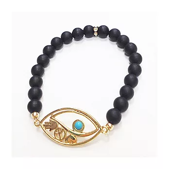 One of a Kind 智慧之眼和平愛心手掌 EVIL EYE 鑲白水晶黑珠珠彈性伸縮手鍊