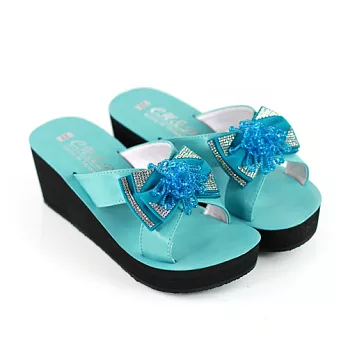 ◤Green Phoenix◥立體蝴蝶結厚底楔型拖鞋22.5水藍色