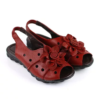 ◤Green Phoenix◥浪漫花葉彈性帶魚口涼鞋23紅色