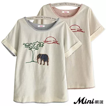 上衣 刺繡棉麻拼接條紋短袖T恤 二色-Mini嚴選-FREE(藍色)