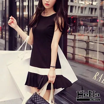 洋裝 復古無袖背心擺褶下擺連身裙 黑色-HeHa-M*