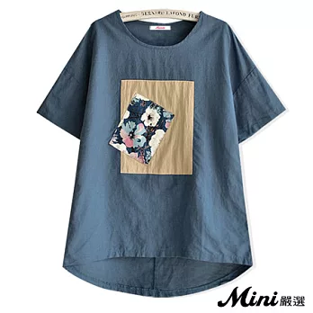 上衣 民族風貼布棉麻短袖上衣 二色-Mini嚴選-FREE(藍色)