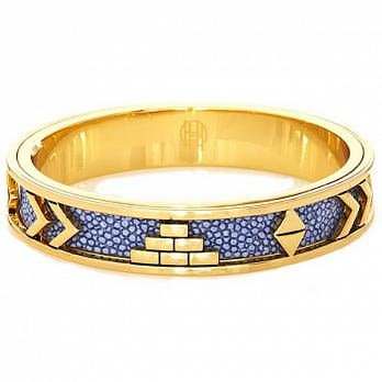 House of Harlow 1960 美國品牌 復古刻紋金手環藍珍珠魚皮革 AZTEC BANGLE