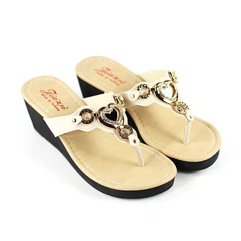 ◤Green Phoenix◥愛心飾釦楔型夾腳拖鞋22.5米色