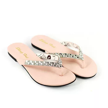 ◤Green Phoenix◥方形壓克力鑽夾腳平底拖鞋22.5粉紅色