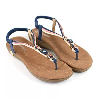 ◤Green Phoenix◥拼色線條皮革彈性帶涼鞋36藍色