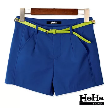 短褲 韓版中腰顯瘦百搭短褲(附腰帶) 三色-HeHa-S(藍色)