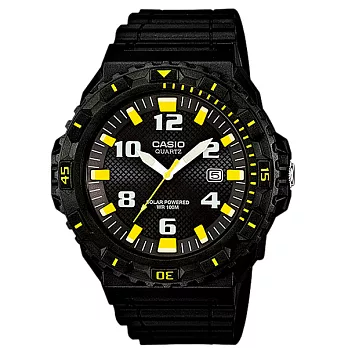 CASIO 完美旅程潛水運動風太陽能腕錶-黑x黃字