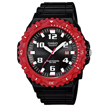 CASIO 完美旅程潛水運動風太陽能腕錶-黑x紅框
