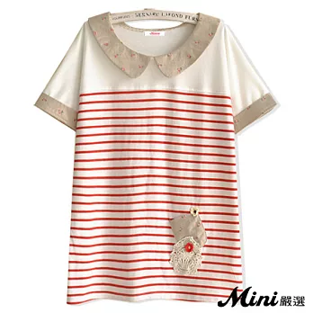 上衣 純棉娃娃領條紋短袖上衣 二色-Mini嚴選-FREE(紅色)