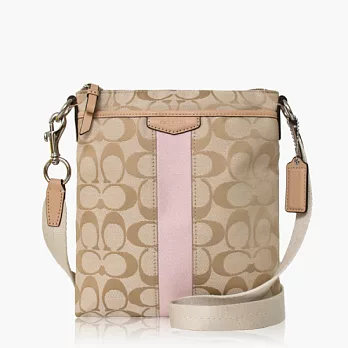 COACH 直條 織布皮飾邊肩背/斜背包_殼粉色