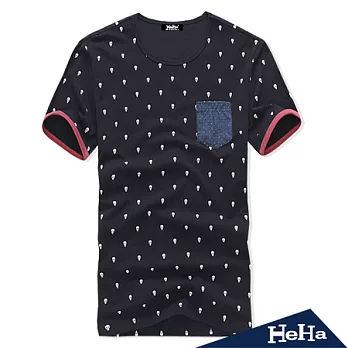 T恤 骷髏時尚拼接袖口圓領短袖上衣 二色-HeHa-L(藍色)