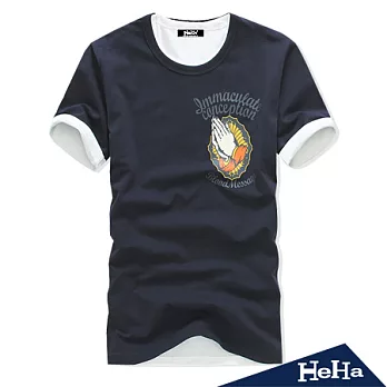 T恤 聖母印花潮流圓領短袖上衣 三色-HeHa-M(藏青)
