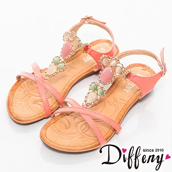 Diffeny 甜美晶燦 異國風華麗寶石夾腳涼鞋-粉橘 37