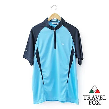 【Travel Fox 男裝】旅狐衣 立領腰線吸濕短袖排汗衫 - 藍M藍
