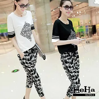 二件式 短袖T恤九分哈倫褲休閒套裝 二色-HeHa-M(黑色)