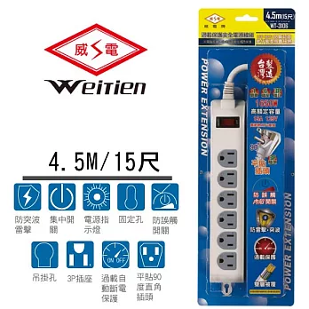 威電牌 3孔1開6插電腦延長線 15A 15尺 WT-3106-15