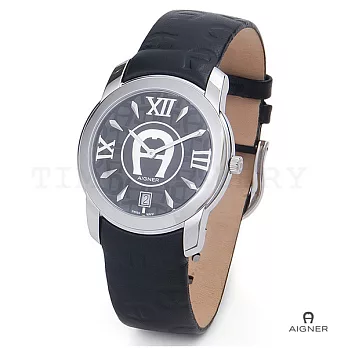 【AIGNER】愛格納經典LOGO壓紋時尚錶款 (銀/黑AGA14125A)