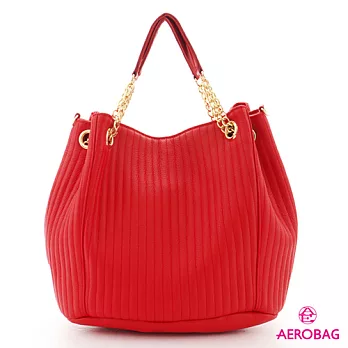 AEROBAG - 牛皮壓直紋南瓜三用鍊條包 - 直紋紅直紋紅