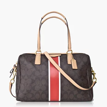 COACH 直條 PVC材質兩用波士頓包_深咖/橘