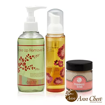 陳怡安手工皂-臉部潔淨去角質三件組(潔淨卸妝油248ml+潔顏慕絲 140ml+蔓越莓臉部去角質60g)一般膚質