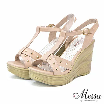【Messa米莎】(MIT)率性金屬風鉚釘厚底楔型涼鞋38米色