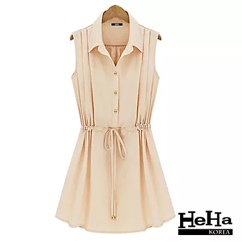 洋裝 翻領無袖腰間抽繩雪紡洋裝 粉色-HeHa-M*