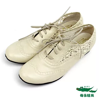 母子鱷魚(女)文青味兒蕾絲後片增高牛津鞋 - 米白23米白