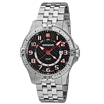 【WENGER SQUADRON CHRONO GMT】艦隊系列夜光三眼時計腕錶-黑/43mm/鍊帶/大錶徑