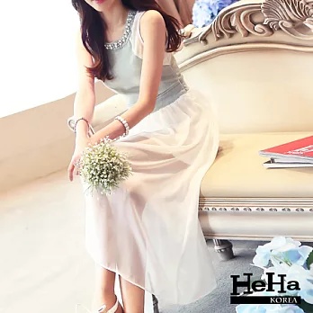 洋裝 牛仔拼接雪紡釘珠無袖長款洋裝 白色-HeHa-XL*