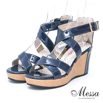 【Messa米莎】(MIT)日韓系交叉編織露趾內真皮楔型涼鞋38藍色
