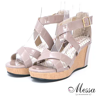 【Messa米莎】(MIT)日韓系交叉編織露趾內真皮楔型涼鞋36可可色