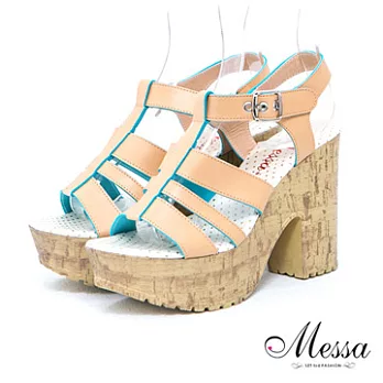 【Messa米莎】(MIT) 打造復古寬帶繞踝粗跟厚底涼鞋35米色