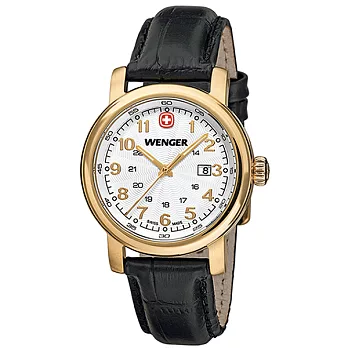 【WENGER 瑞士威戈】URBAN CLASSIC 城市經典系列腕錶-銀白色面盤/K金色PVD錶殼/34mm