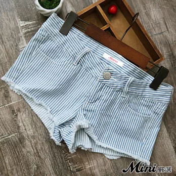 短褲 純棉水洗條紋毛邊低腰牛仔短褲-Mini嚴選-M*
