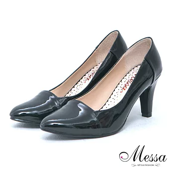 【Messa米莎】(MIT)靓麗繽紛撞色漆皮個性內真皮高跟鞋35黑色
