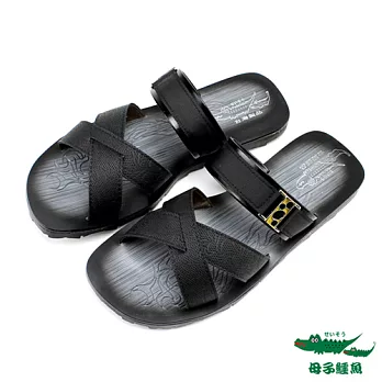 母子鱷魚(男)城市雅趣 交叉皮帶扣大底圖騰拖鞋 - 素黑39素黑