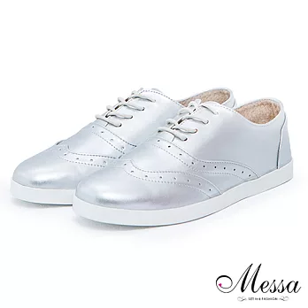 【Messa米莎】(MIT)時尚印象金屬綁帶內真皮厚底包鞋35銀色