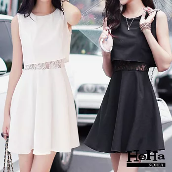 洋裝 雪紡拼接蕾絲鏤空假兩件無袖洋裝 二色-HeHa-M(黑色)