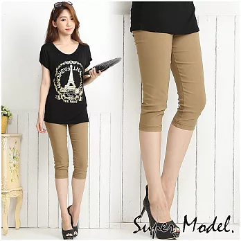 [名模衣櫃]纖細美腿馬卡龍曲線雕塑七分褲M卡其色