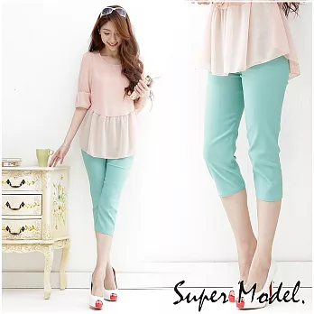 [名模衣櫃]纖細美腿馬卡龍曲線雕塑七分褲M綠色